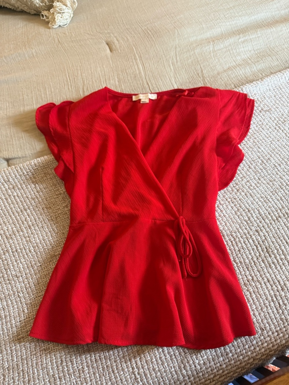 Monteau Red Wrap Peplum Top with Ruffle Sleeves